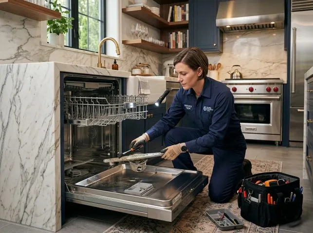 Appliance Repair Hero technician servicing a built-in dishwasher in a Attica, OH kitchen