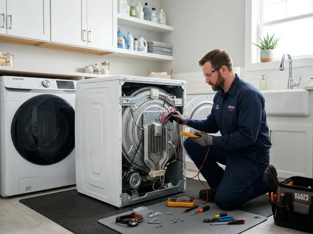 Appliance Repair Hero technician checking a dryer heating element with the rear panel off in Attica, OH