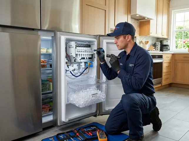 Appliance Repair Hero technician repairing a refrigerator ice maker in Attica, OH