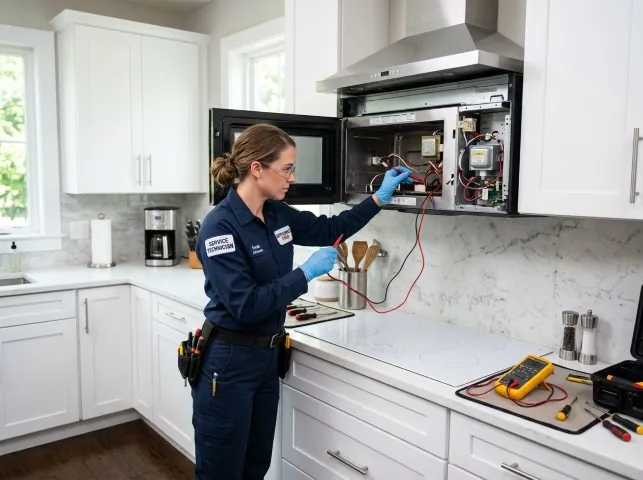 Appliance Repair Hero technician testing an over-the-range microwave in a Attica, OH kitchen