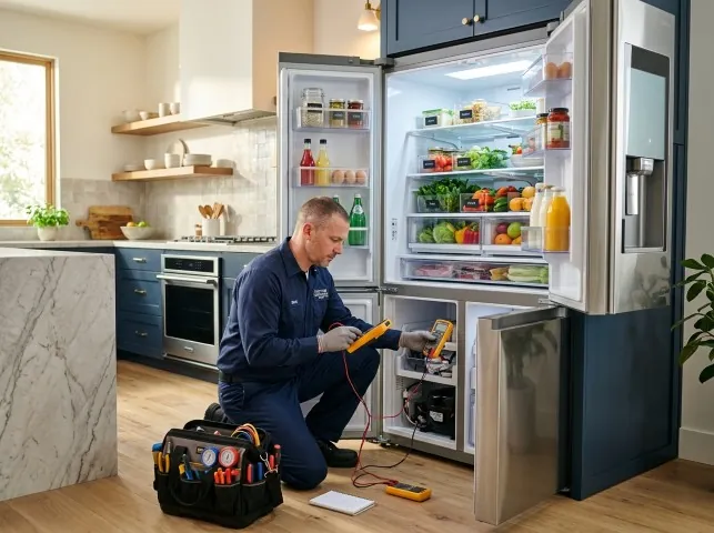 Appliance Repair Hero refrigerator technician testing a fridge on a Attica, OH service call