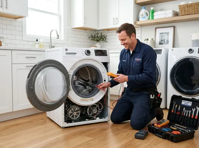 Appliance Repair Hero technician testing a front-load washer with a multimeter on a Attica, OH service call